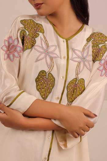 Myra Clothing Line Ivory Crepe Round Neck Hand Embroidered Shirt Online at Aza Fashions Myra Clothing Line_Ivory Crepe Round Neck Hand Embroidered Shirt _Online_at_Aza_Fashions