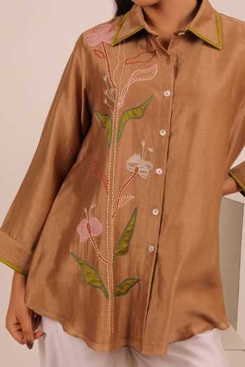 Myra Clothing Line_Brown Chanderi Collared Neck Embroidered Shirt _Online_at_Aza_Fashions