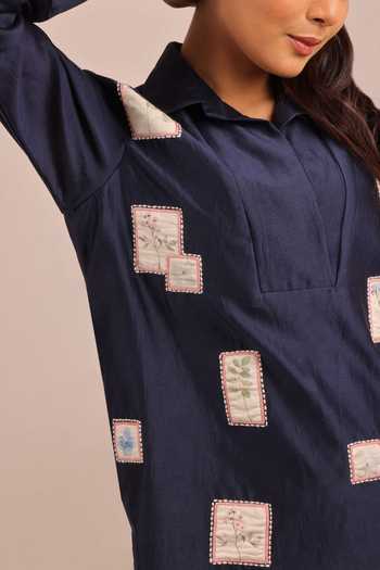 Myra Clothing Line_Blue Crepe Collared Neck Patchwork Embroidered Shirt _Online_at_Aza_Fashions