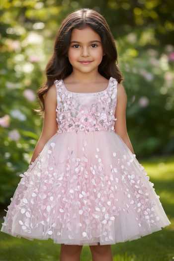 Pooja Wang_Pink Net Daniela Leaf Embroidered Dress _Online_at_Aza_Fashions