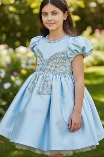 Pooja Wang Blue Satin Glittering Bowtique Dress Online at Aza Fashions Pooja Wang_Blue Satin Glittering Bowtique Dress _Online_at_Aza_Fashions