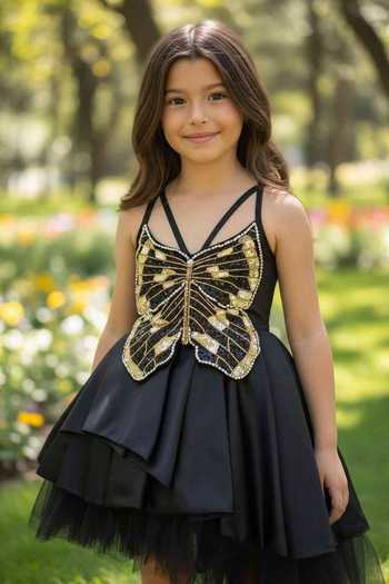 Pooja Wang Black Satin Butterfly Applique Embroidered Dress Online at Aza Fashions Pooja Wang_Black Satin Butterfly Applique Embroidered Dress _Online_at_Aza_Fashions