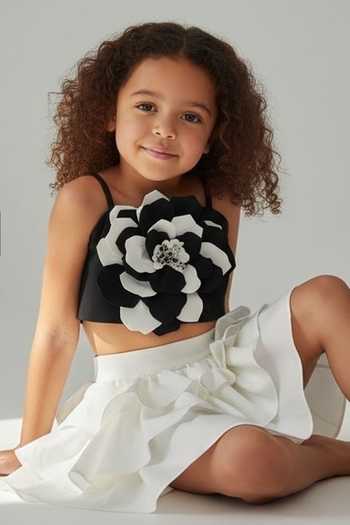 Pooja Wang Black Satin Monochrome Blossom Top And Ruffle Skirt Set Online at Aza Fashions Pooja Wang_Black Satin Monochrome Blossom Top And Ruffle Skirt Set _Online_at_Aza_Fashions
