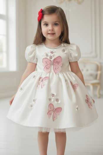 Pooja Wang Girls Misty Bow Applique Work Dutch Satin Dress