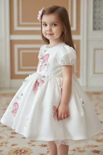 Pooja Wang White Satin Girls Misty Bow Applique Work Dutch Dress Online at Aza Fashions Pooja Wang_White Satin Girls Misty Bow Applique Work Dutch Dress _Online_at_Aza_Fashions