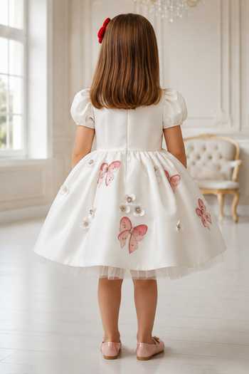 Pooja Wang Girls Misty Bow Applique Work Dutch Satin Dress