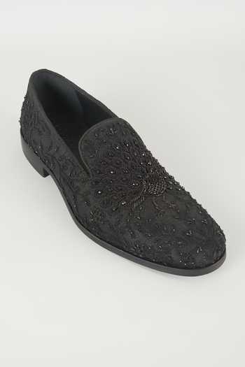 Buy Salil Bhatia Black Raw Silk Peacock Hand Embroidered Loafers Online at Aza Fashions Buy_Salil Bhatia_Black Raw Silk Peacock Hand Embroidered Loafers _Online_at_Aza_Fashions