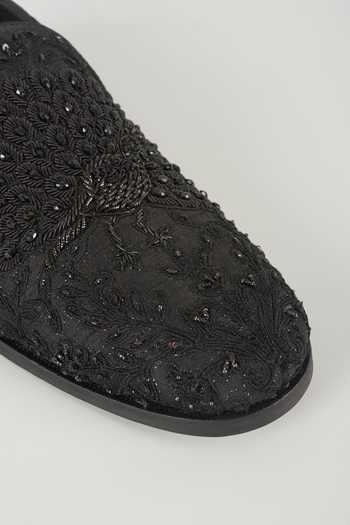 Shop Salil Bhatia Black Raw Silk Peacock Hand Embroidered Loafers Online at Aza Fashions Shop_Salil Bhatia_Black Raw Silk Peacock Hand Embroidered Loafers _Online_at_Aza_Fashions