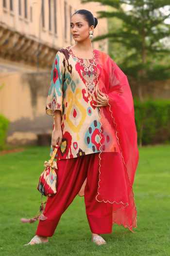 Swati Wadhwani Couture_Multi Color Organza, Chanderi Round Neck Ikat Pattern Kurta Salwar Set _Online_at_Aza_Fashions