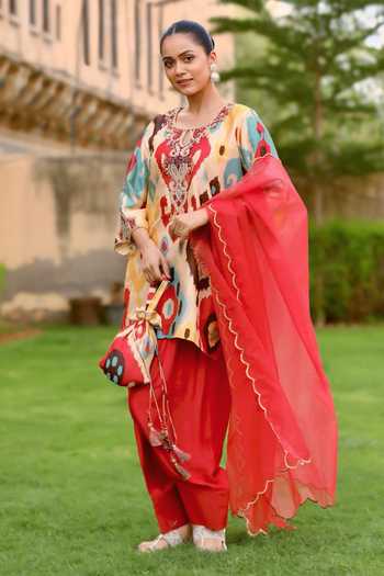 Buy_Swati Wadhwani Couture_Multi Color Organza, Chanderi Round Neck Ikat Pattern Kurta Salwar Set _Online_at_Aza_Fashions
