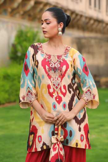 Shop_Swati Wadhwani Couture_Multi Color Organza, Chanderi Round Neck Ikat Pattern Kurta Salwar Set _Online_at_Aza_Fashions