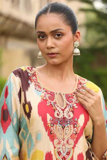 Buy_Swati Wadhwani Couture_Multi Color Organza, Chanderi Round Neck Ikat Pattern Kurta Salwar Set 