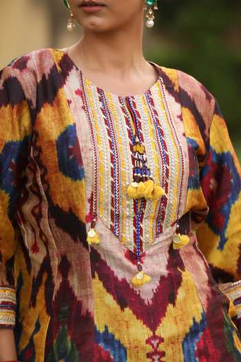 Shop_Swati Wadhwani Couture_Multi Color Chanderi Round Neck Ikkat Pattern Kurta And Pant Set _Online_at_Aza_Fashions
