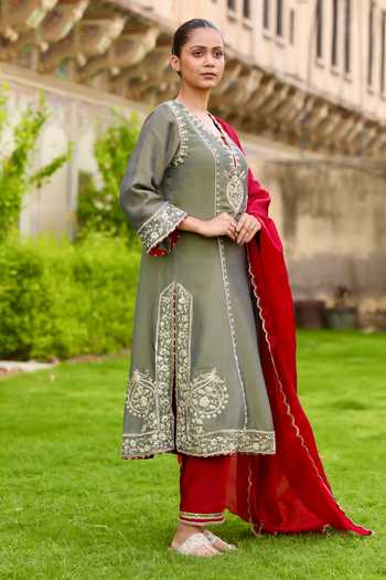 Shop_Swati Wadhwani Couture_Grey Chanderi, Tissue Split V-neck, Yes Embroidered Kurta Set _Online_at_Aza_Fashions