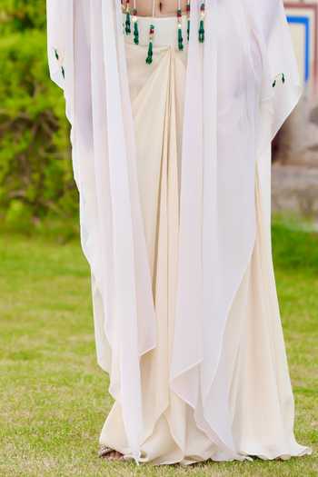 Swati Wadhwani Couture Cream Crepe, Chiffon Tassels Round Neck Embroidered Kaftan And Draped Skirt Set Online at Aza Fashions Swati Wadhwani Couture_Cream Crepe, Chiffon Tassels Round Neck Embroidered Kaftan And Draped Skirt Set _Online_at_Aza_Fashions