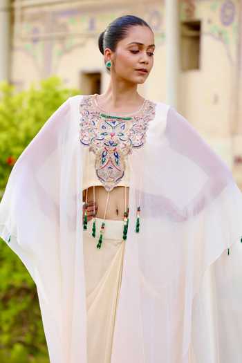Buy_Swati Wadhwani Couture_Cream Crepe, Chiffon Tassels Round Neck Embroidered Kaftan And Draped Skirt Set _Online_at_Aza_Fashions