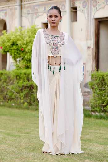 Swati Wadhwani Couture Embroidered Kaftan & Draped Skirt Set 