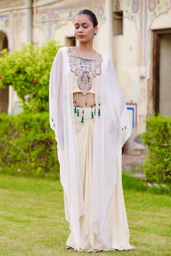 Shop_Swati Wadhwani Couture_Cream Crepe, Chiffon Tassels Round Neck Embroidered Kaftan And Draped Skirt Set _Online_at_Aza_Fashions