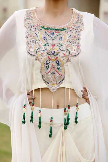 Swati Wadhwani Couture_Cream Crepe, Chiffon Tassels Round Neck Embroidered Kaftan And Draped Skirt Set _at_Aza_Fashions