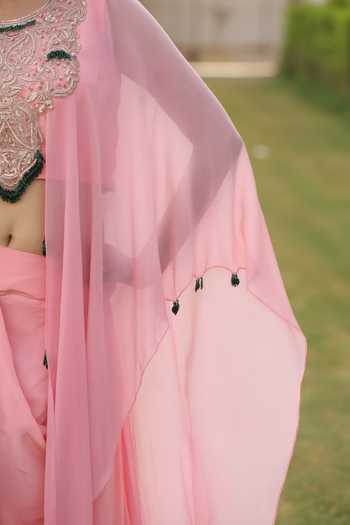 Swati Wadhwani Couture_Pink Crepe, Chiffon Round Neck Dabka Embroidered Kaftan And Skirt Set _Online_at_Aza_Fashions