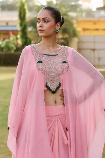 Shop_Swati Wadhwani Couture_Pink Crepe, Chiffon Round Neck Dabka Embroidered Kaftan And Skirt Set _Online_at_Aza_Fashions