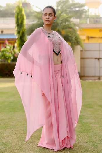 Swati Wadhwani Couture_Pink Crepe, Chiffon Round Neck Dabka Embroidered Kaftan And Skirt Set _at_Aza_Fashions