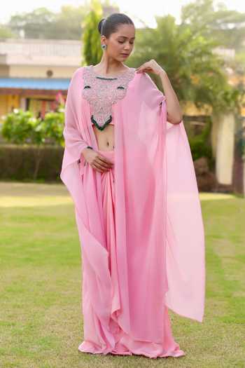 Shop_Swati Wadhwani Couture_Pink Crepe, Chiffon Round Neck Dabka Embroidered Kaftan And Skirt Set 