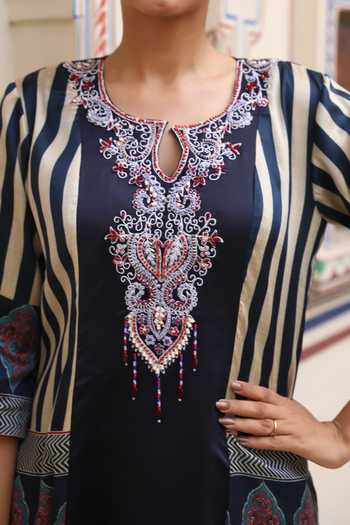 Buy_Swati Wadhwani Couture_Blue Organza, Chanderi Keyhole Neck, Yes Ajrakh Dori Work Kurta Set _Online_at_Aza_Fashions