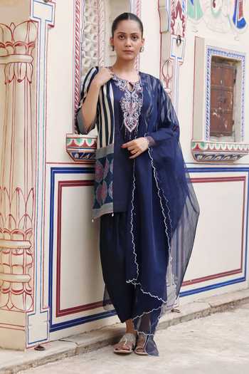 Shop_Swati Wadhwani Couture_Blue Organza, Chanderi Keyhole Neck, Yes Ajrakh Dori Work Kurta Set _Online_at_Aza_Fashions
