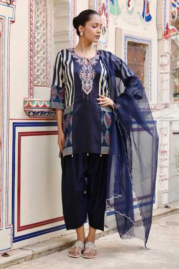 Swati Wadhwani Couture_Blue Organza, Chanderi Keyhole Neck, Yes Ajrakh Dori Work Kurta Set _at_Aza_Fashions
