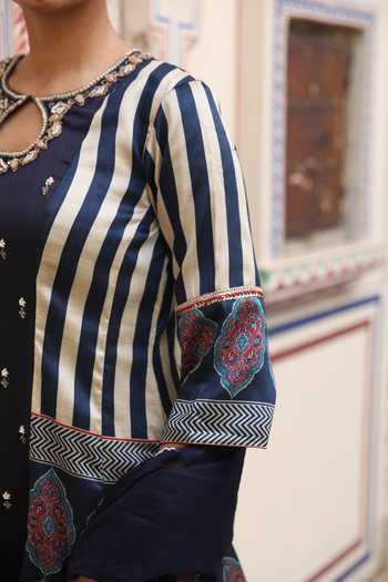 Buy_Swati Wadhwani Couture_Blue Organza, Chanderi Keyhole Neck, Yes Ajrakh Pattern Kurta Set _Online_at_Aza_Fashions