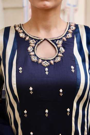 Shop_Swati Wadhwani Couture_Blue Organza, Chanderi Keyhole Neck, Yes Ajrakh Pattern Kurta Set _Online_at_Aza_Fashions