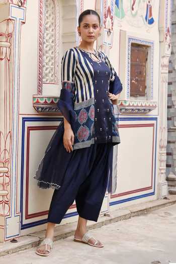 Swati Wadhwani Couture_Blue Organza, Chanderi Keyhole Neck, Yes Ajrakh Pattern Kurta Set _at_Aza_Fashions