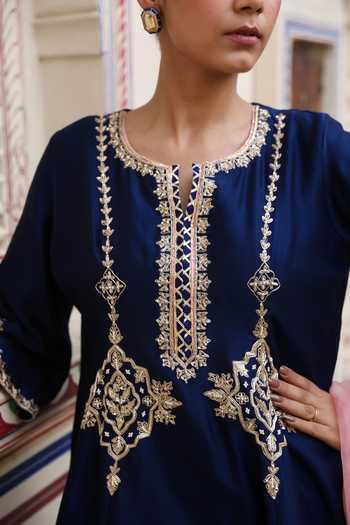 Shop_Swati Wadhwani Couture_Blue Organza, Chanderi Round Neck, Yes Dabka Embroidered Kurta Set _Online_at_Aza_Fashions
