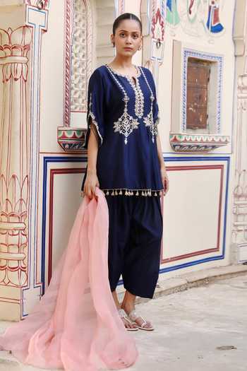 Buy_Swati Wadhwani Couture_Blue Organza, Chanderi Round Neck, Yes Dabka Embroidered Kurta Set 
