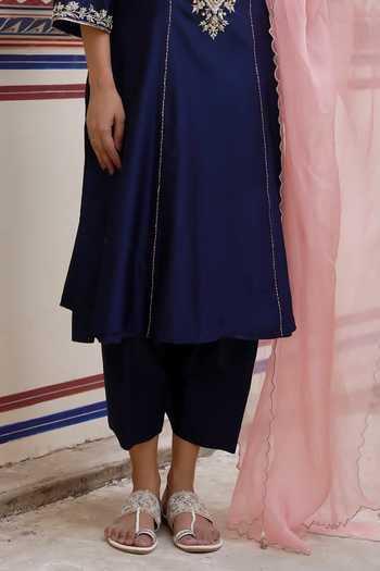 Swati Wadhwani Couture Blue Organza, Chanderi Round Neck, Yes Dabka Zari Embroidered Kurta Set Online at Aza Fashions Swati Wadhwani Couture_Blue Organza, Chanderi Round Neck, Yes Dabka Zari Embroidered Kurta Set _Online_at_Aza_Fashions