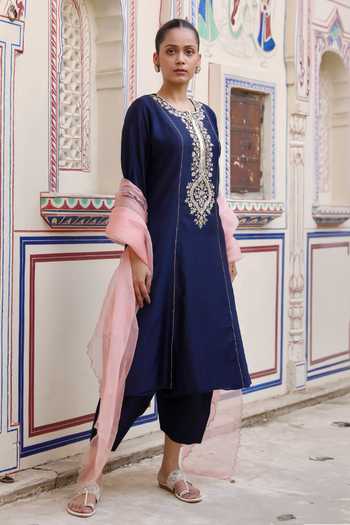 Buy_Swati Wadhwani Couture_Blue Organza, Chanderi Round Neck, Yes Dabka Zari Embroidered Kurta Set _Online_at_Aza_Fashions