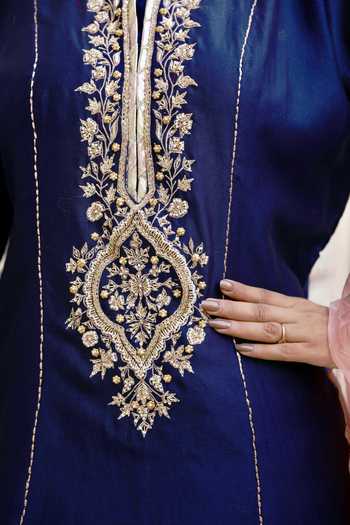 Shop_Swati Wadhwani Couture_Blue Organza, Chanderi Round Neck, Yes Dabka Zari Embroidered Kurta Set _Online_at_Aza_Fashions