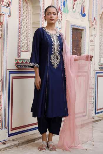 Swati Wadhwani Couture_Blue Organza, Chanderi Round Neck, Yes Dabka Zari Embroidered Kurta Set _at_Aza_Fashions