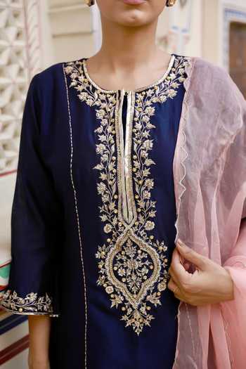 Buy_Swati Wadhwani Couture_Blue Organza, Chanderi Round Neck, Yes Dabka Zari Embroidered Kurta Set 