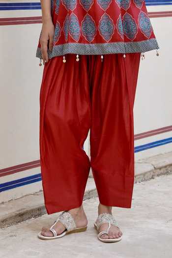 Buy Swati Wadhwani Couture Maroon Chanderi Split V-neck, Yes Ajrakh Print Kurta And Salwar Set Online at Aza Fashions Buy_Swati Wadhwani Couture_Maroon Chanderi Split V-neck, Yes Ajrakh Print Kurta And Salwar Set _Online_at_Aza_Fashions