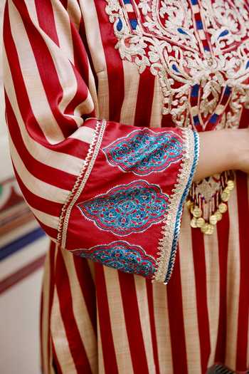 Shop_Swati Wadhwani Couture_Maroon Organza, Chanderi Round Neck Ajrakh Print Kurta Set _Online_at_Aza_Fashions