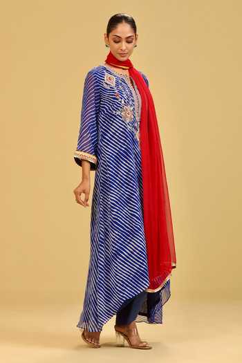 Buy_Swati Wadhwani Couture_Blue Georgette, Chiffon V-neck, Yes Leheriya Pattern Kurta Set _Online_at_Aza_Fashions