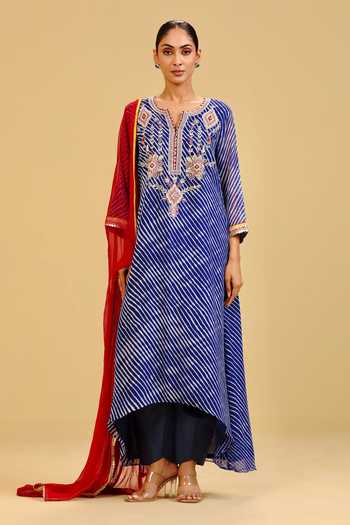 Shop_Swati Wadhwani Couture_Blue Georgette, Chiffon V-neck, Yes Leheriya Pattern Kurta Set _Online_at_Aza_Fashions