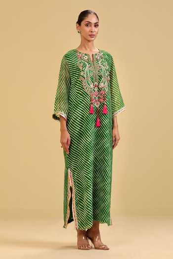Swati Wadhwani Couture_Green Georgette Round Neck Leheriya Pattern Kaftan _Online_at_Aza_Fashions
