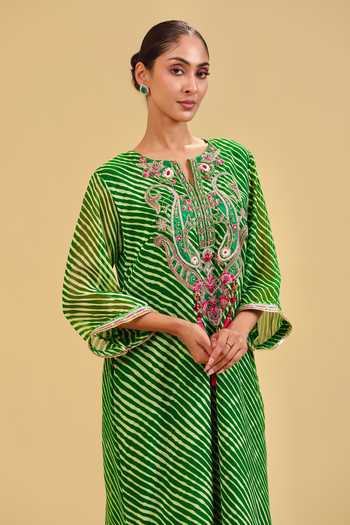 Shop_Swati Wadhwani Couture_Green Georgette Round Neck Leheriya Pattern Kaftan _Online_at_Aza_Fashions