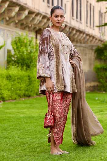 Buy_Swati Wadhwani Couture_Beige Velvet, Brocade Embroidered Short Kurta Set _Online_at_Aza_Fashions