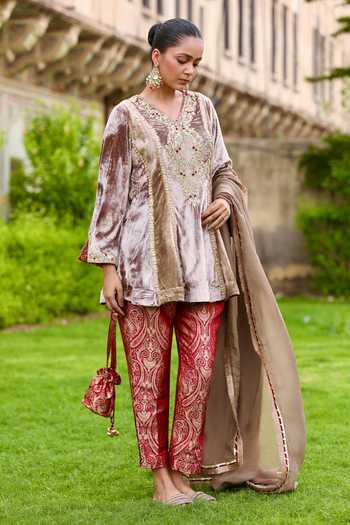 Shop_Swati Wadhwani Couture_Beige Velvet, Brocade Embroidered Short Kurta Set _Online_at_Aza_Fashions