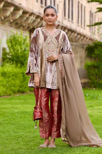 Swati Wadhwani Couture Velvet Embroidered Short Kurta Set 