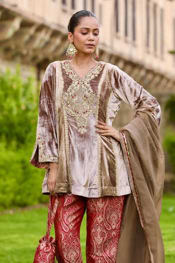 Shop_Swati Wadhwani Couture_Beige Velvet, Brocade Embroidered Short Kurta Set 